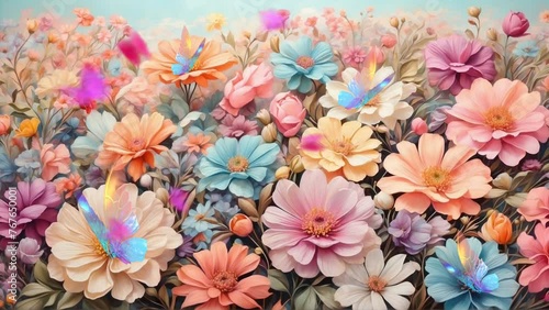 Colorful flowers on pastel colors with many butterflies. Seamless Spring loop background on 4k resolution photo
