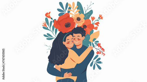 Young couple in love Support hugs flowers in her 