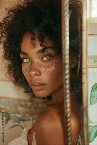 a beautiful biracial model with green eyes looking into a bathroom mirror in a gorgeous neutral bathroom 