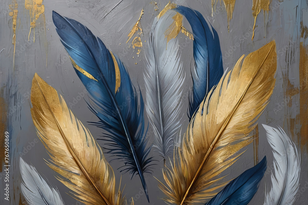 Vintage illustration featuring feathers, blue, and gold brushstrokes on textured background.