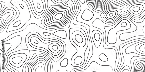 Topographic map background geographic line map wavy pattern design. Black and white contours map background. Geographic line map with elevation assignments.