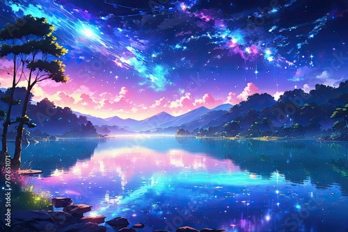 The silence of the lake with starlight galaxy, ethereal glow, calmness