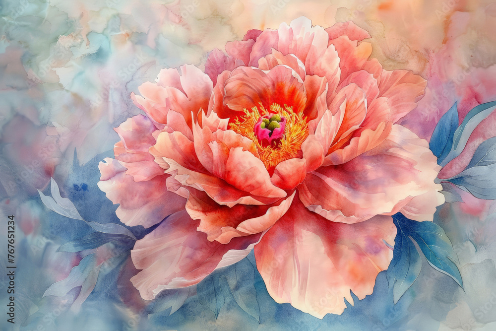Watercolor pink peony flowers illustration, Watercolor pink peony flowers illustration,
