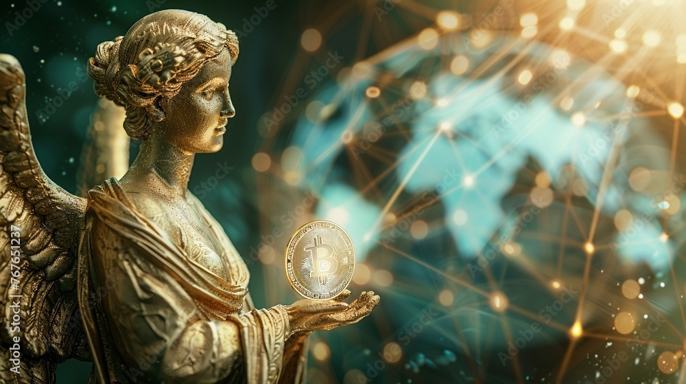 Close-up of an elegant angel holding a crypto symbol world and graph in background