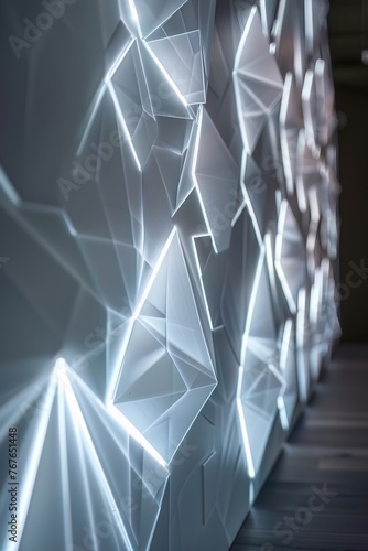 Interactive, touchsensitive polygons lighting up in sequence on a wall, demonstrating the tactile interface of modern devices photo