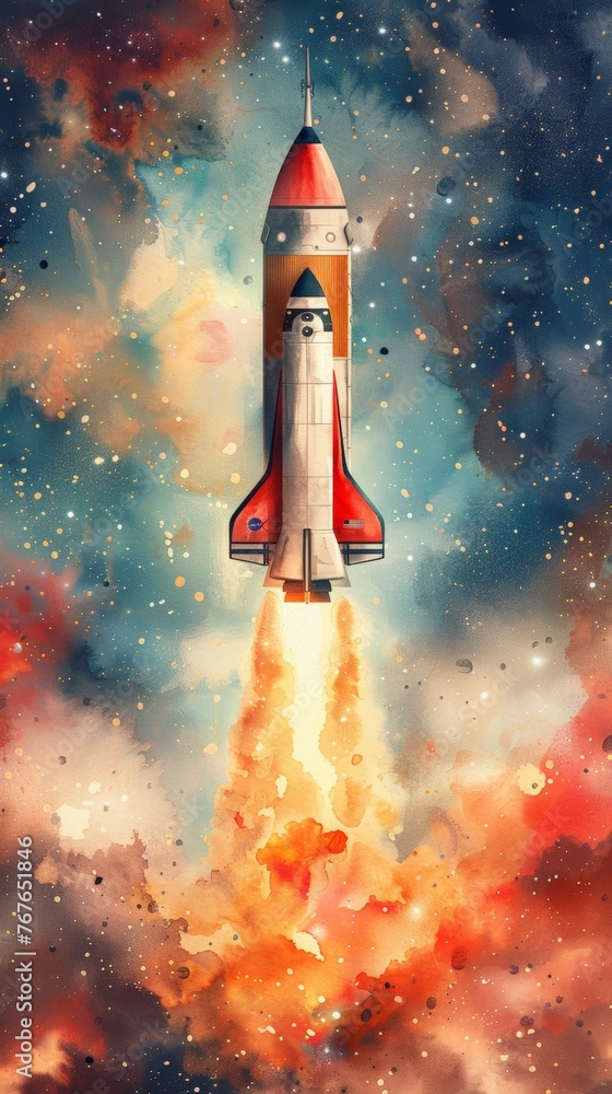Watercolor rocket in space, white  background, watercolor illustration 