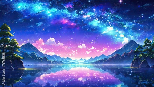 The silence of the lake with starlight galaxy, ethereal glow, calmness