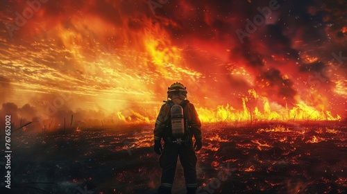 The back of a firefighter gazing at a vast fire, dusk sky above, a tale of courage photo