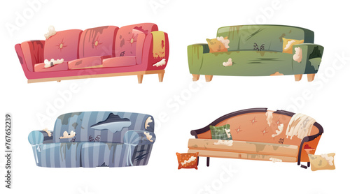 Set of broken, torn and dirty home sofas. Damaged furniture for the interior of the living room. Vector isolated cartoon illustration collection.