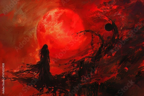 Under the red moons light, shadows dance, revealing a world tinted with passion and primal fear photo