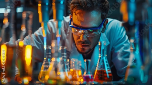 Science: A scientist observing a colorful chemical reaction in a laboratory