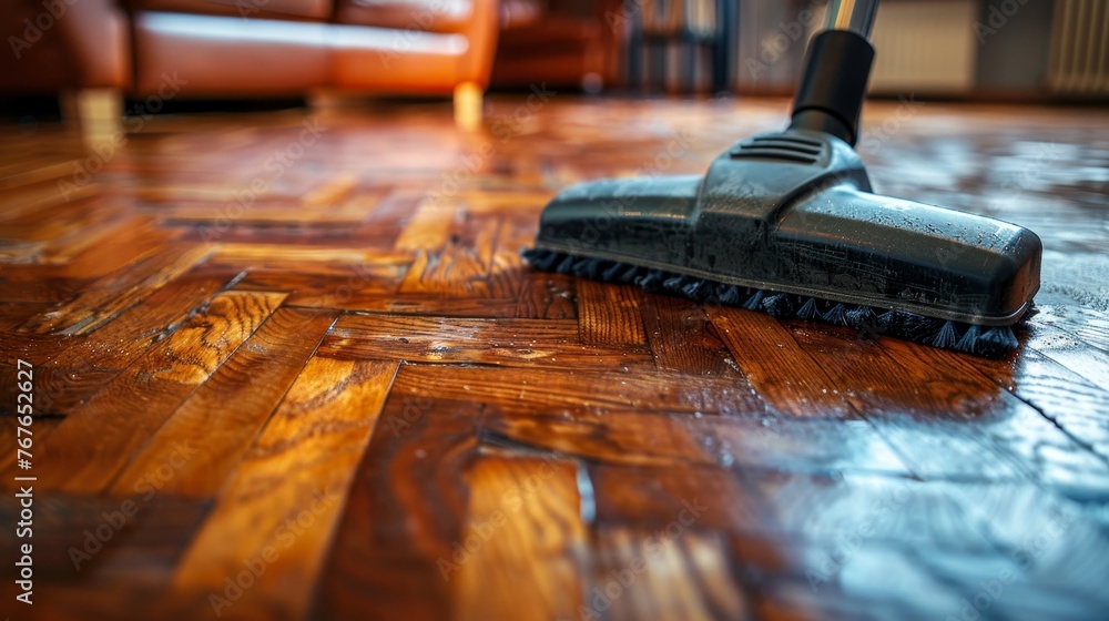 Cleaning the parquet floor of the house with a cleaning vacuum cleaner
