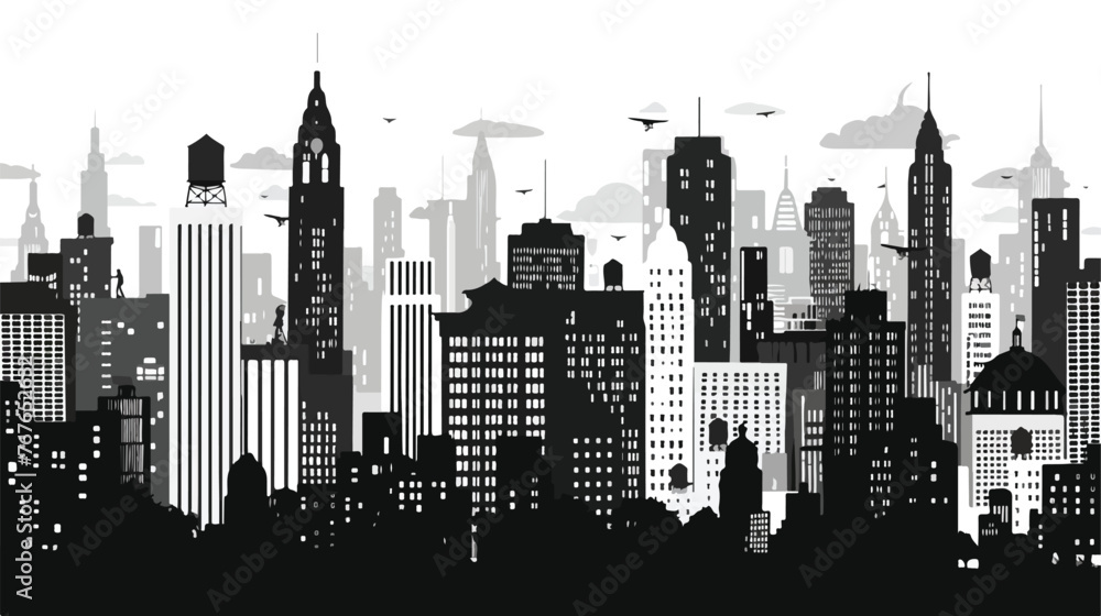 Big city life in black and white colors flat vector