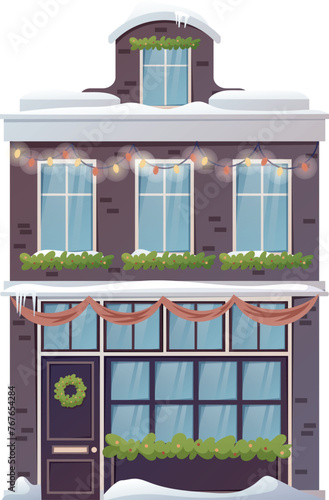 Exterior and architecture of a modern multi-storey building. Residential cartoon house in a classic style, decorated with Christmas garlands and wreaths. Vector isolated illustration.