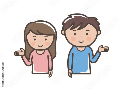 手のひらを広げて案内、説明をする若い男女の上半身イラスト