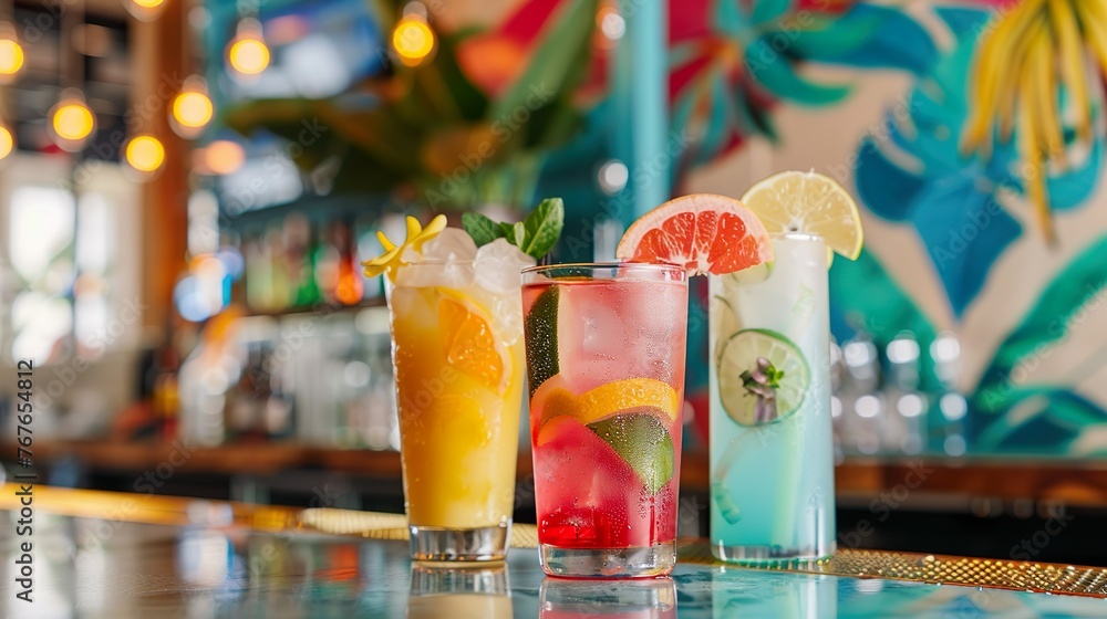 Brightly colored cocktails arranged in a trendy bar setting Brightly colored cocktails arranged in a trendy bar setting