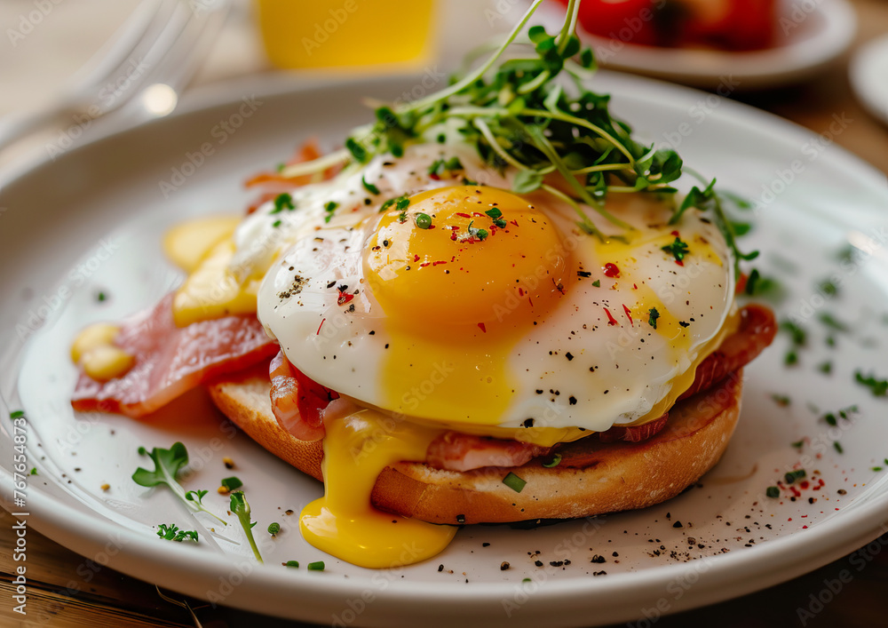 Delicious Eggs Benedict, close-up ultra realistic food photography Delicious Eggs Benedict, close-up ultra realistic food photography