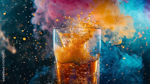 Dynamic shot capturing the pour of a vibrant energy drink