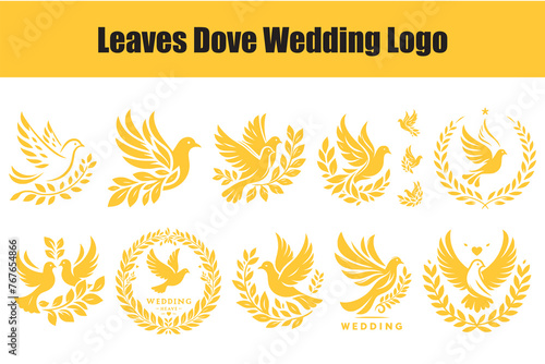 set of  leaves dove wedding logo design, Classic Flying Dove Pigeon Bird with Leaf Wings for Vintage Nature Wildlife Label Logo Design. Vector illustration