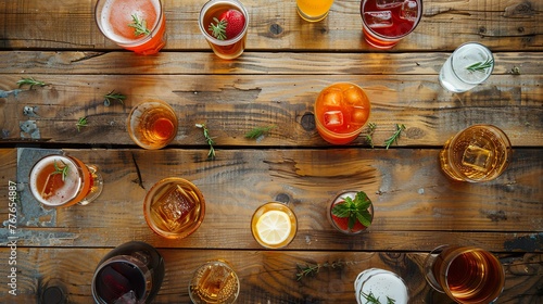 Flat lay of assorted beverages on a rustic wooden table