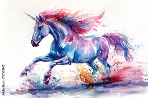 Watercolor unicorn illustration in blue and pink