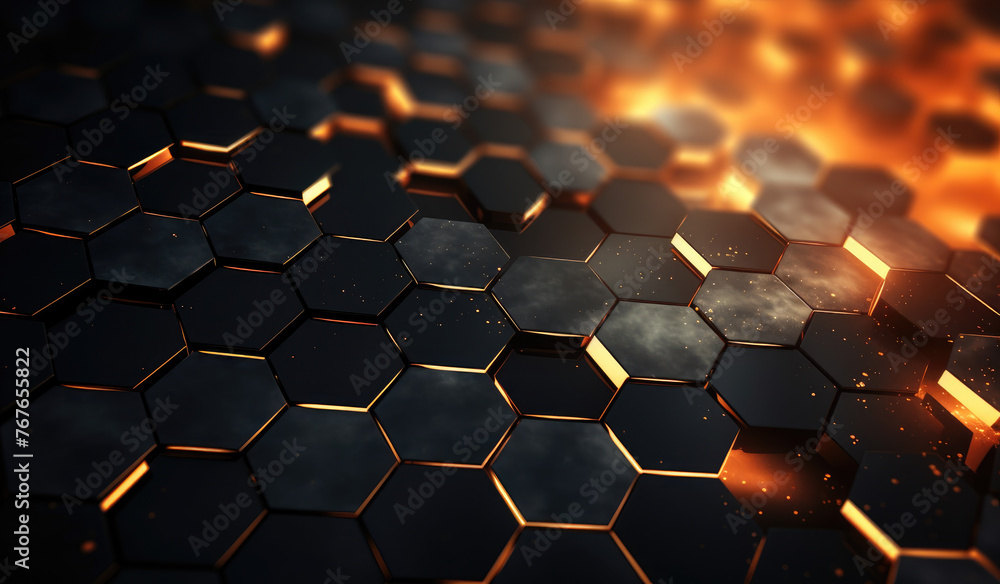 Abstract metallic texture hexagon pattern with glowing orange red flame on black grey background technology style. Modern futuristic honeycomb concept. Abstract metallic texture hexagon pattern with glowing orange red flame on black grey background technology style. Modern futuristic honeycomb concept.
