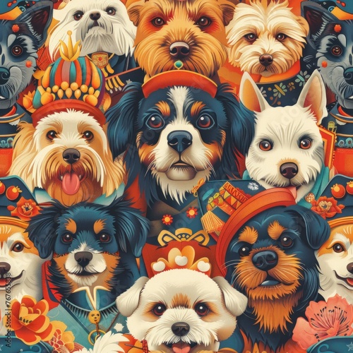 A group of dogs are wearing hats and are arranged in a row. The dogs are of different breeds and sizes, and they all have their own unique features. Concept of fun and playfulness © Woraphon