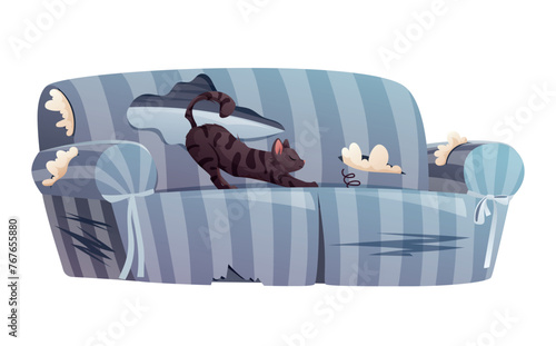 Broken, dirty home sofa, scratched by a black cat. Pet damaged furniture for living room interior. vector isolated cartoon illustration.