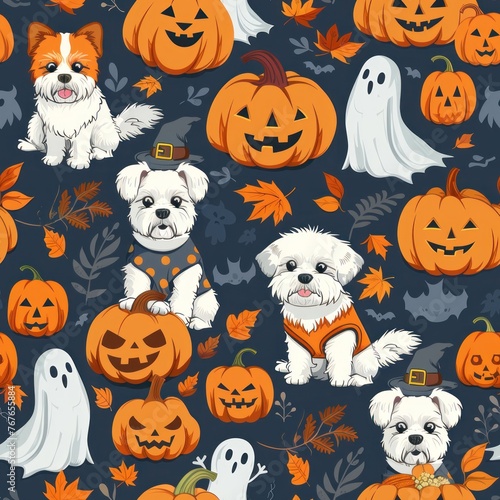 A Halloween themed pattern of dogs and pumpkins. The dogs are wearing orange and white outfits and are sitting on pumpkins