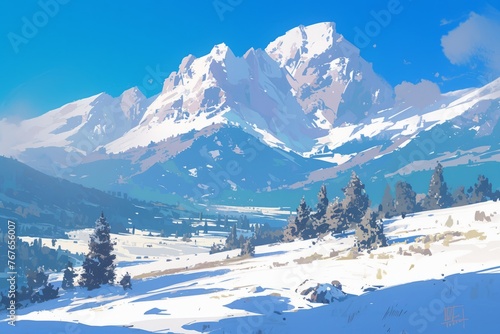 Anime winter mountain background, art, wallpaper