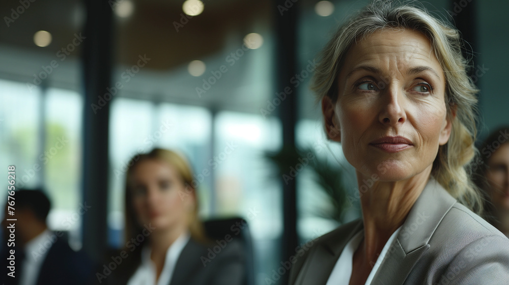 Amidst the sleek surroundings of the modern office boardroom, a confident middle-aged businesswoman leads a diverse team meeting with poise and authority. Amidst the sleek surroundings of the modern office boardroom, a confident middle-aged businesswoman leads a diverse team meeting with poise and authority.