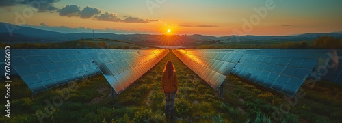 Person in field of solar panels, admiring sunset over natural landscape