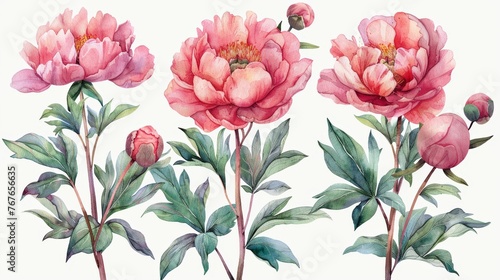 Watercolour hand painted botanical gentle peony flowers illustration set isolated on white background,