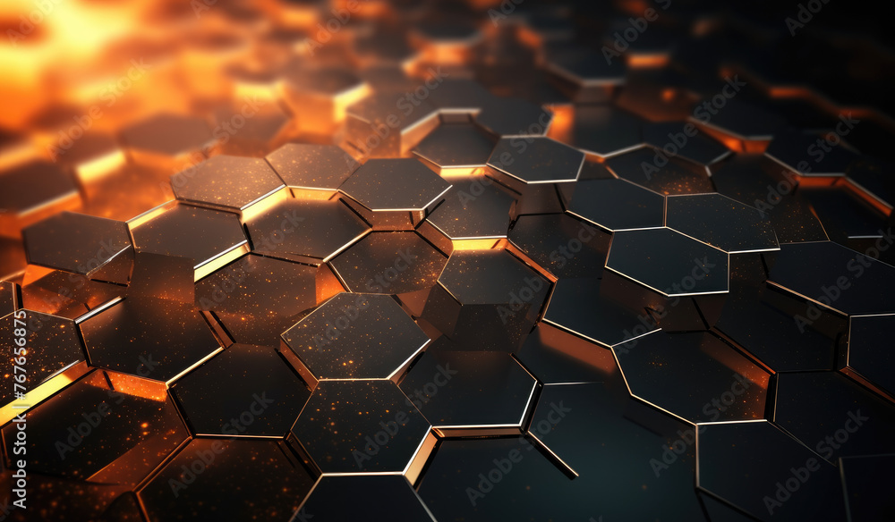 Abstract metallic texture hexagon pattern with glowing orange red flame on black grey background technology style. Modern futuristic honeycomb concept. - obrazy, fototapety, plakaty 