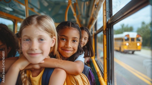 Group of adorable students traveling on school bus and posing for camera.
