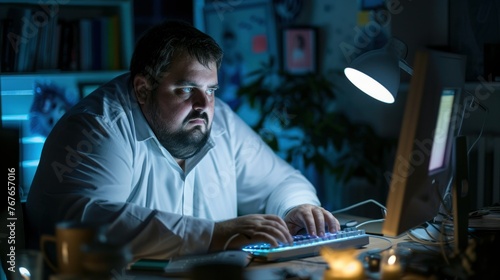 Fat worker work on startup project in office at night