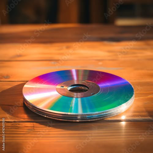 Nostalgic View of a Compact Disc on an Old Wooden Table, with a Notebook and Pencil in View