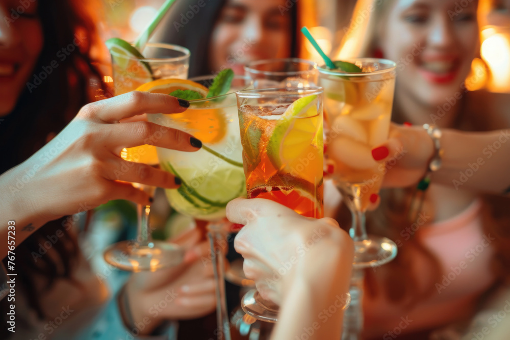 Young people having fun toasting mojito cocktail drinks, enjoying happy hour at rooftop pub, party time Young people having fun toasting mojito cocktail drinks, enjoying happy hour at rooftop pub, party time