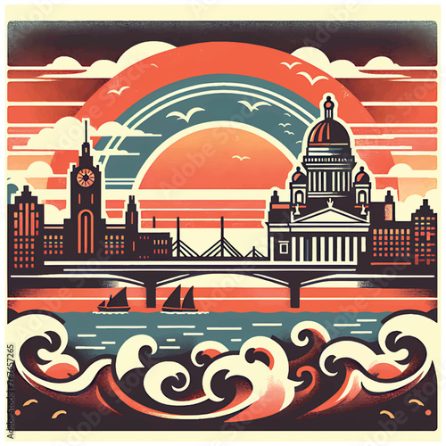 Wallpaper Mural vintage retro sunset distress design, kaliningrad, 4k, steampunk, high quality, illustration, cartoon style, white background. Generative AI
 Torontodigital.ca