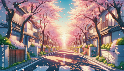Rows of cherry blossom trees blooming in a Japanese residential area. Generated by AI