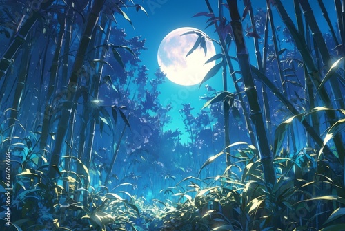 Night bamboo forest, illustration, anime style, background
