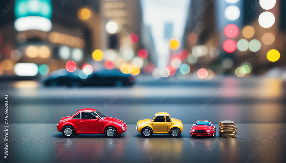 used car with coin and blur big city business background. loan car concept.