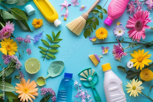 Flat lay composition with cleaning supplies tools