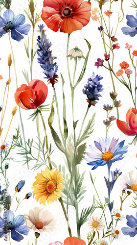 Wallpaper Mural Wild Flowers bloom watercolor seamless pattern  Torontodigital.ca
