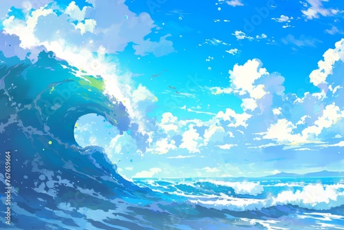 Anime ocean waves, background, wallpaper, art