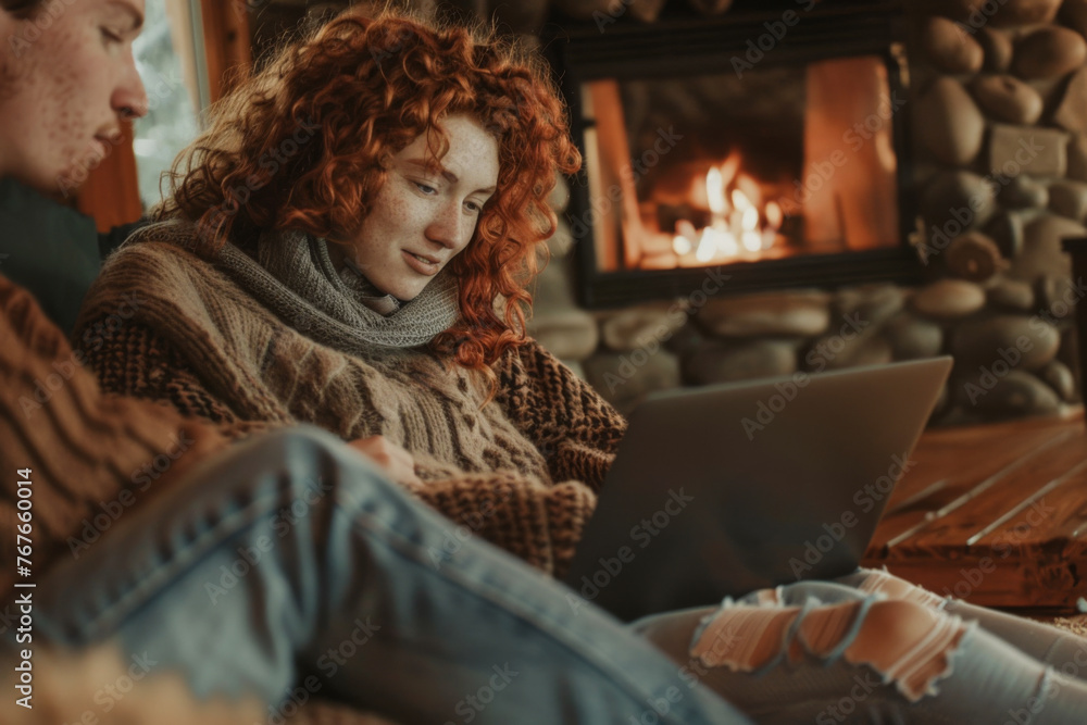 Young red-haired woman using laptop at home in front of fireplace.
