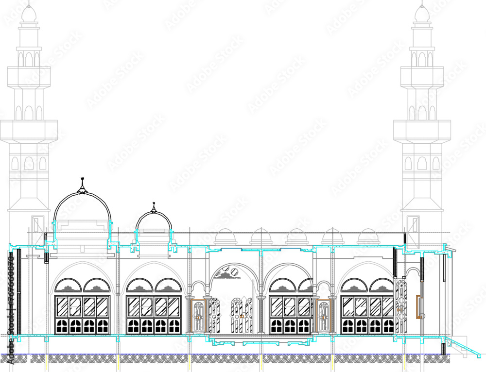 Adobe Illustrator Artwork vector sketch, illustration, design, architectural drawing, section of the mosque, a place of worship for Muslims