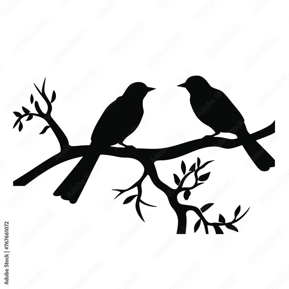 Fototapeta premium Birds on branch tree silhouette in black color. Vector template for tattoo or laser cutting.