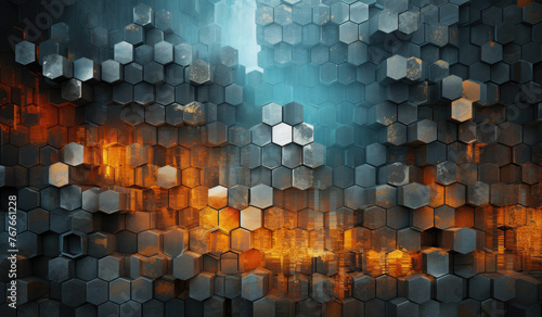 Abstract metallic texture hexagon pattern with glowing orange red flame on black grey background technology style. Modern futuristic honeycomb concept. © ribelco
