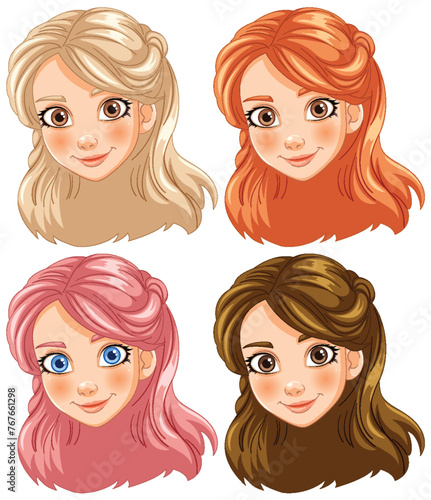 Four cartoon girl faces with different hairstyles